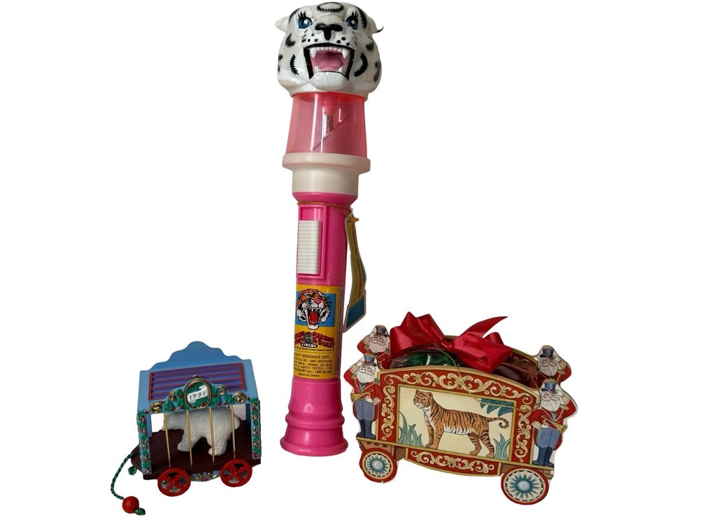 Circus Tiger Light Wand, Hallmark Ornament, and Wagon Container
