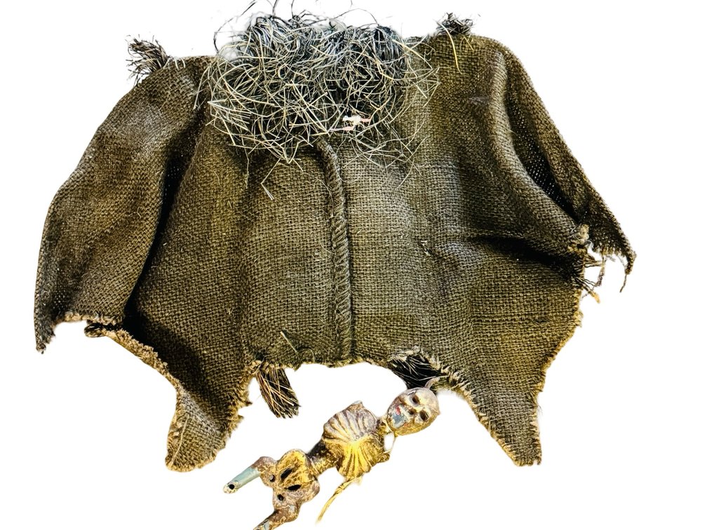 Molded Demon Head Prop with Burlap Shroud and Horned Skeleton