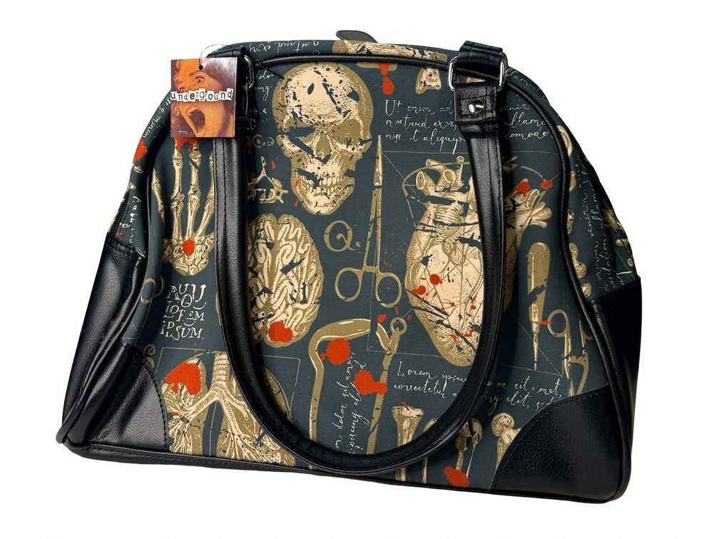 Anatomical Print Dome Handbag with Faux-Leather Trim
