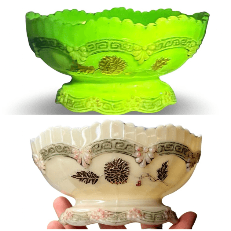 Custard Glass Footed Oval Bowl with Greek Key Motif
