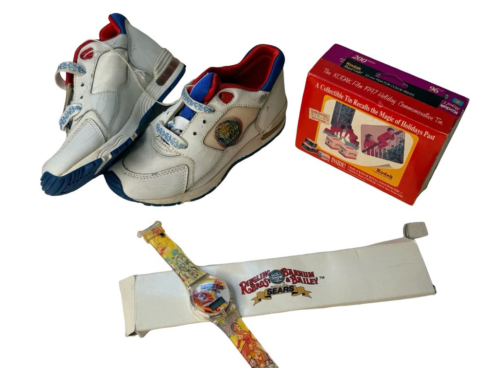 Circus Shoes, Digital Wristwatch, and Commemorative Tin