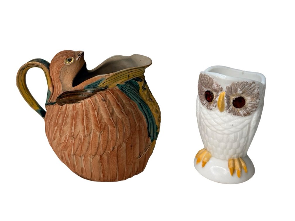 Milk Glass Owl Creamer and Ceramic Bird Pitcher