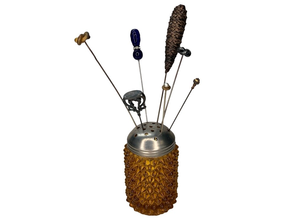 Amber Hobnail Glass Hatpin Holder with Hatpins
