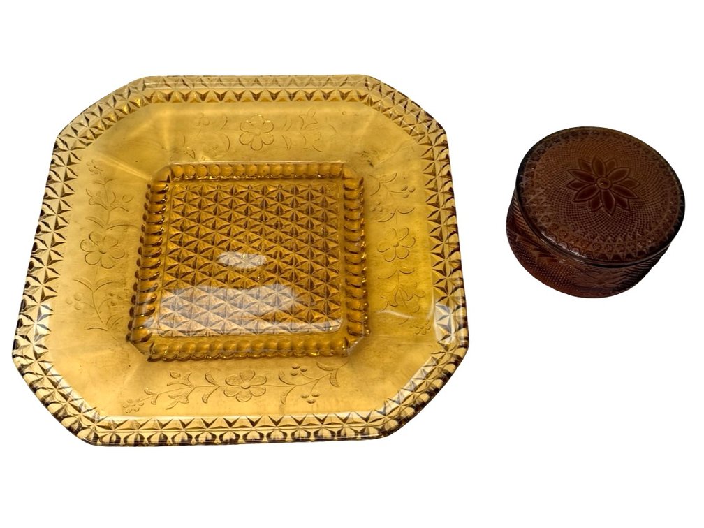 Amber Pressed Glass Dish and Lidded Trinket Box