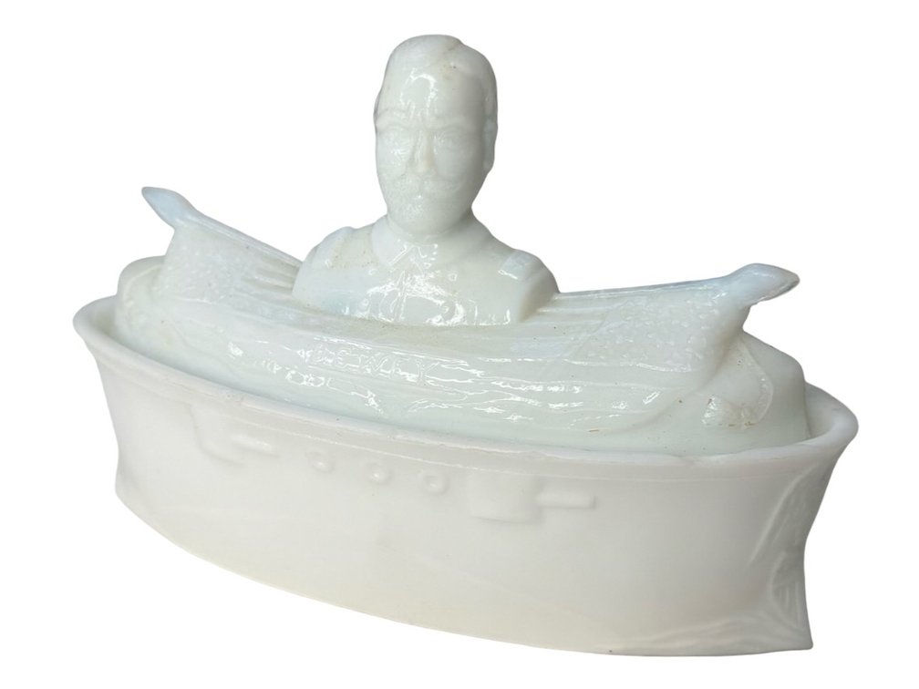 Admiral Dewey Milk Glass Battleship Covered Dish