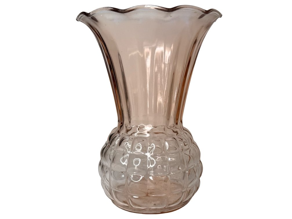 Pink Pressed Glass Quilted Vase with Ruffled Rim