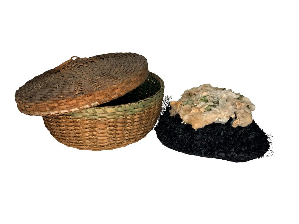 Round Woven Splint Basket with Lid and Black Floral Hat