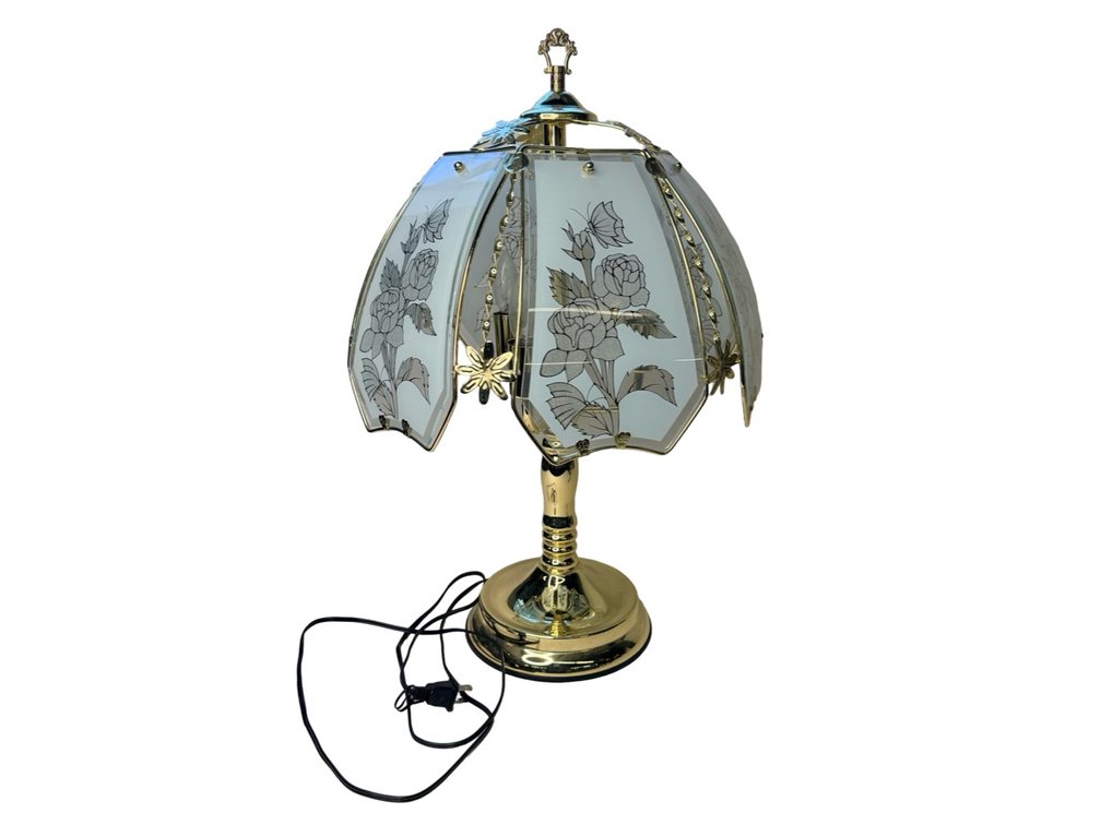 Brass-Tone Floral Glass Panel Touch Table Lamp