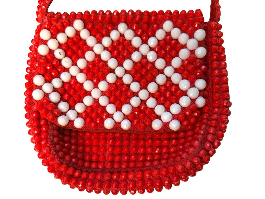 Red and White Beaded Flap Shoulder Bag