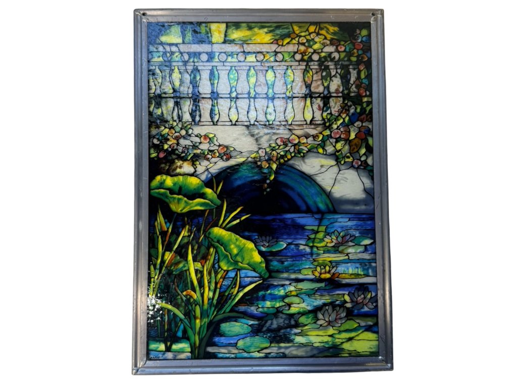 Framed Printed Stained Glass Panel with Garden Scene