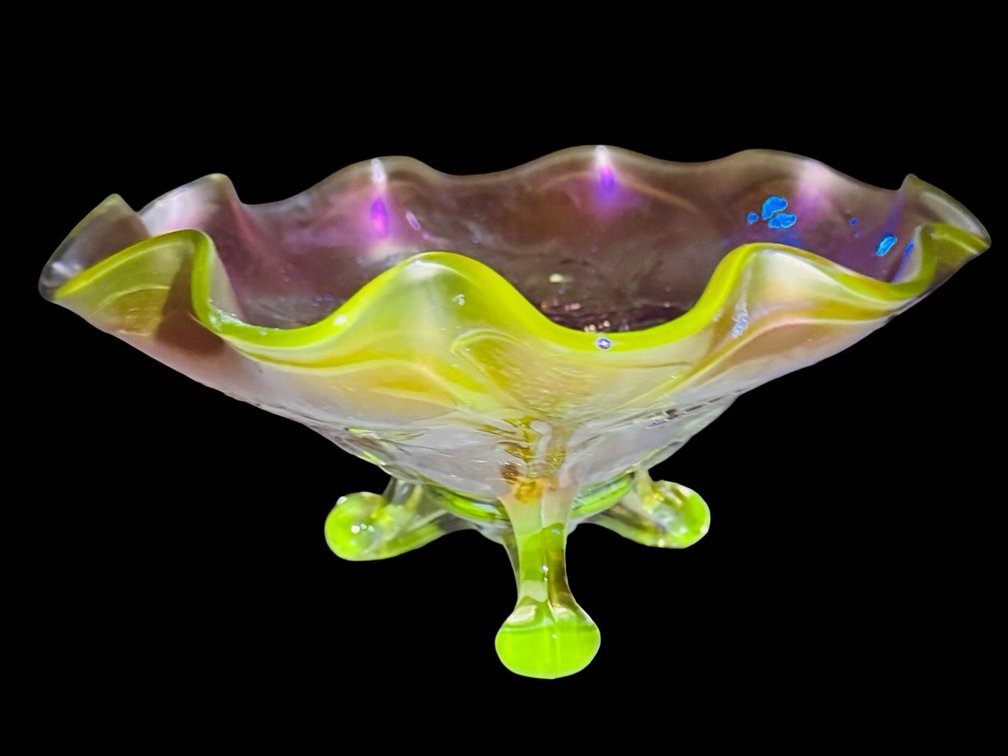 Carnival Glass Three-Footed Bowl - UV Reactive