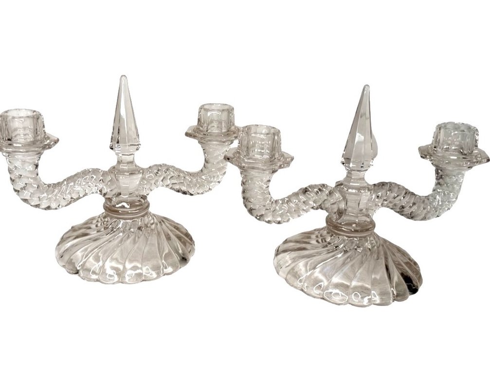 Pair of Glass Two-Light Candelabras and Handled Dish