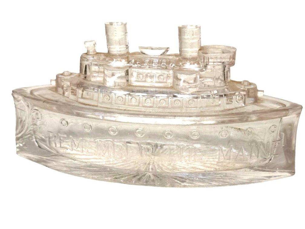 Pressed Glass "Remember the Maine" Battleship Covered Dish