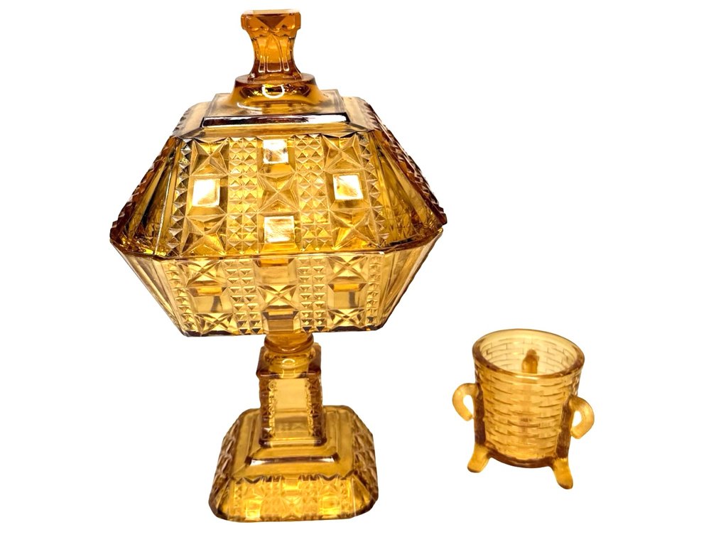 Amber Pressed Glass Covered Compote and Toothpick Holder
