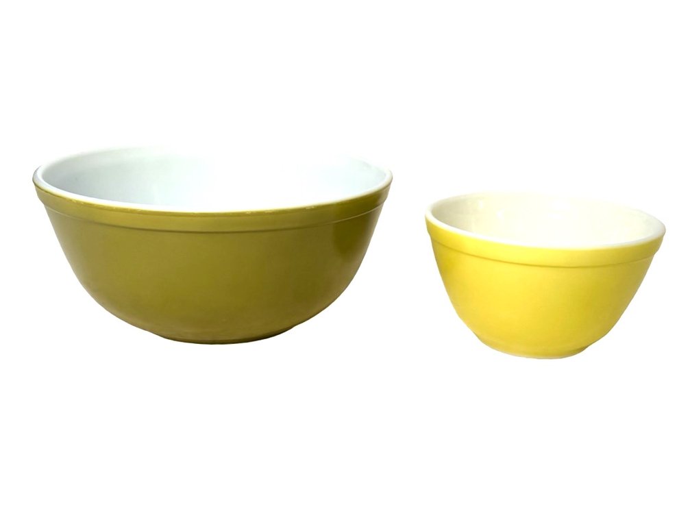 Pyrex Yellow and Avocado Green Milk Glass Nesting Mixing Bowls