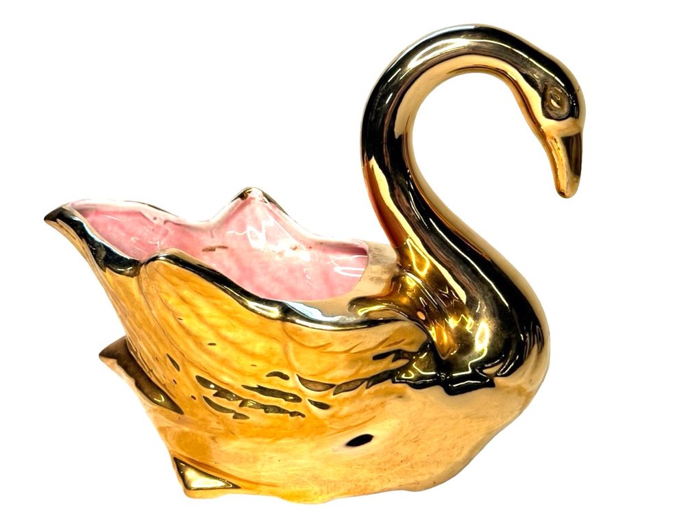Gold Glazed Ceramic Swan Planter with Pink Interior