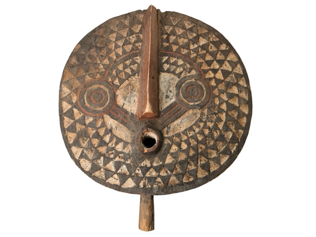 Carved and Painted Wooden Tribal Mask with Handle