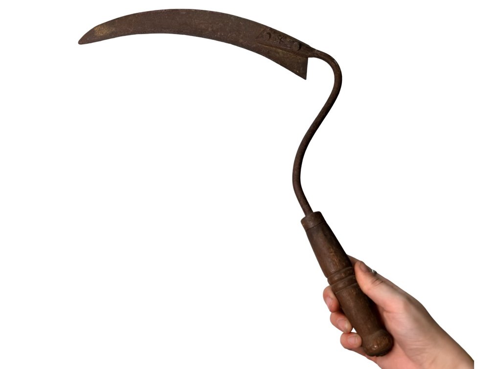 Sickle with Curved Shank and Turned Wood Handle