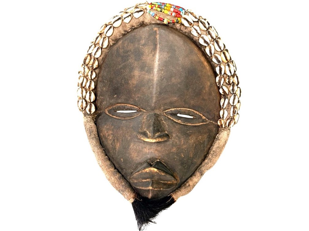Tribal Carved Wood Mask with Cowrie Shells and Beadwork