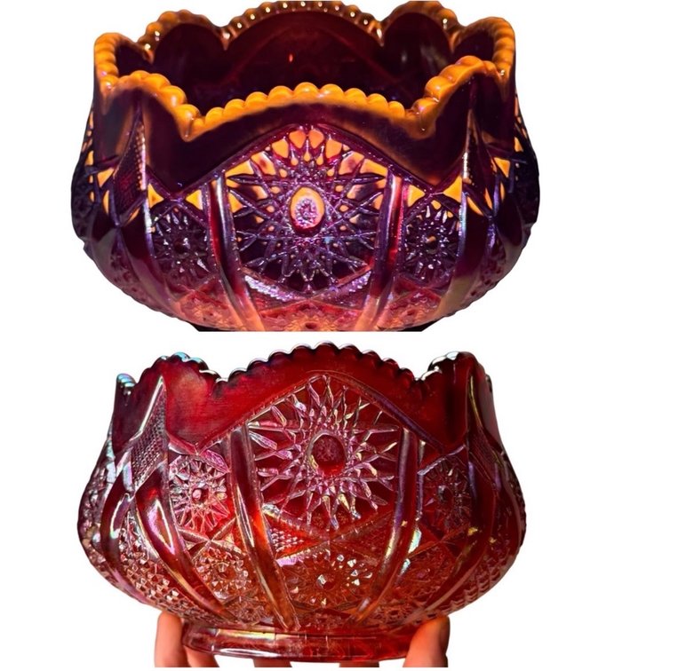 Red Iridescent Pressed Carnival Glass Bowl