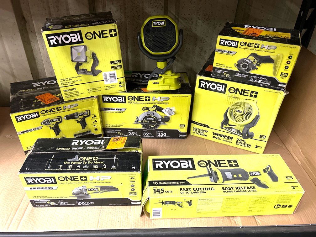 Assorted Ryobi 18V Power Tools, includes Battery and Charger, 8pcs, inv #c171937