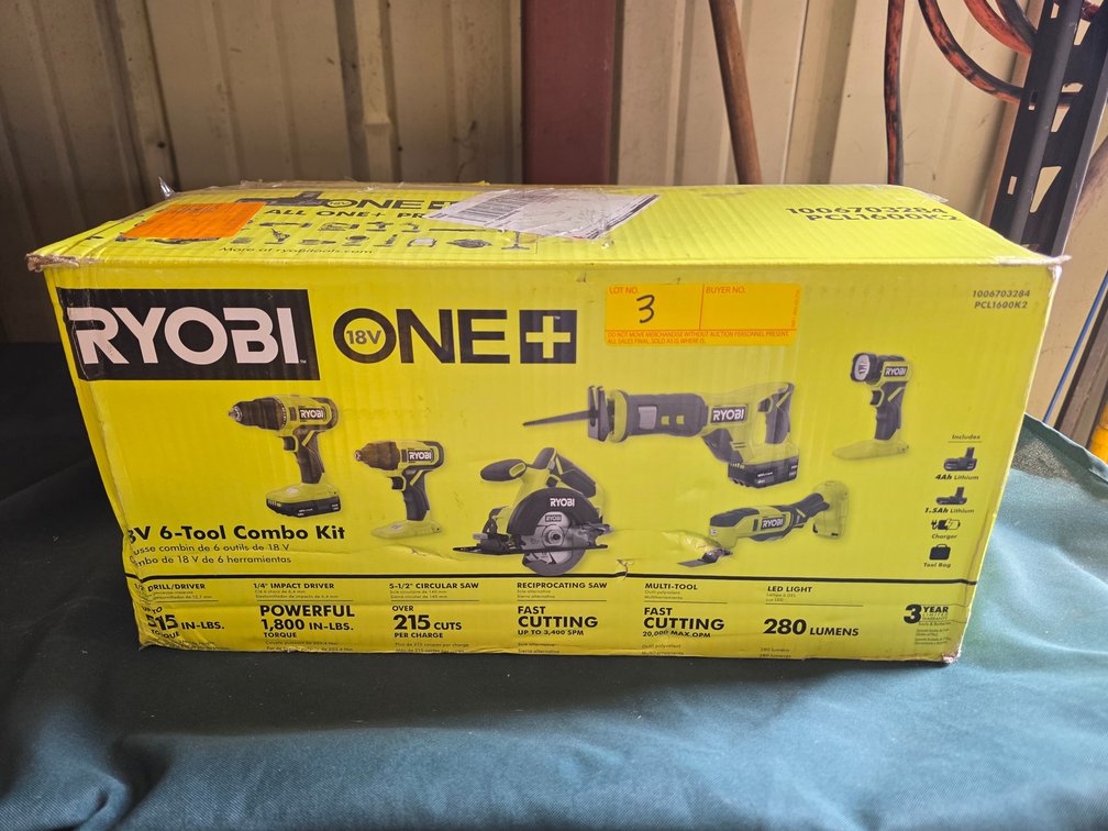 Ryobi 18v One+ 6pcs Tool Combo Kit w/ (1) 4ah, (1) 1.5ah Battery + Charger + Bag, inv: 26c0262b299