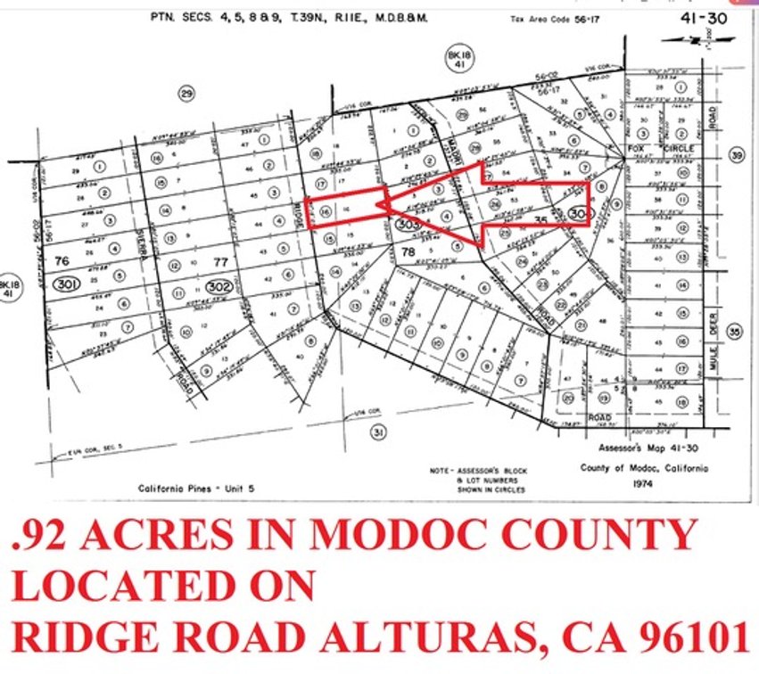 Modoc County Lot, .92 Acre lot located on Ridge Road Alturas, CA 96101 in Modoc County, California, APN:   041-303-016, ALL TAXES PAID