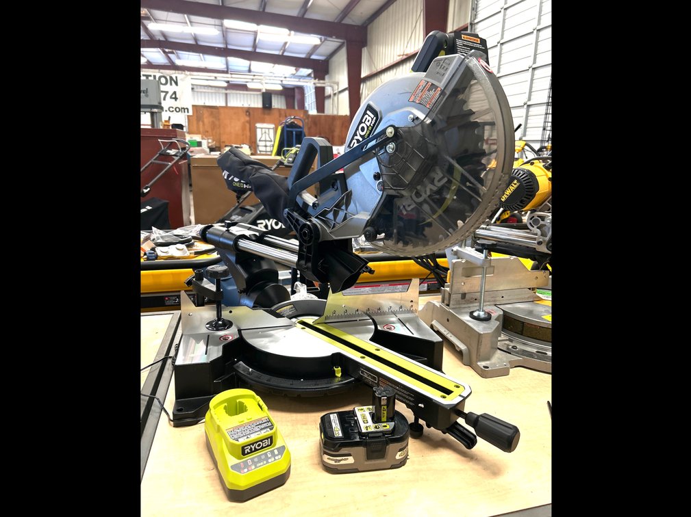 Ryobi 18V One+ HP 10in Sliding Miter Saw, includes Battery and Charger, inv #m05235