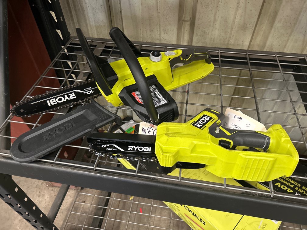 Ryobi 18V Chainsaw, 10in Bar, w/ 18V Pruner, 6in Bar, Tools Only, 2pcs, inv #m051432, 051065