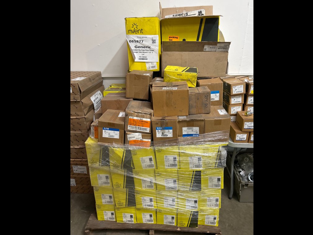 Assorted Conduit Hangers, Clips and Clamp Backs, Contents of Pallet