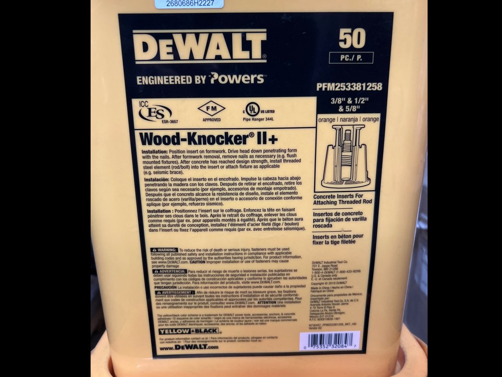 DeWalt Wood Knocker II Concrete Inserts for attaching Threaded Rod, 50pcs Per Bucket, 4 Buckets