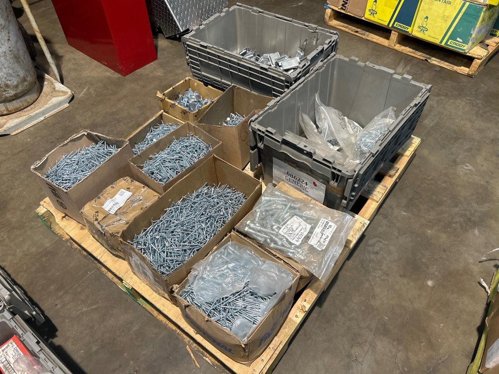 Assorted Screws, Bolts, Plates and Fasteners, Contents of Pallet