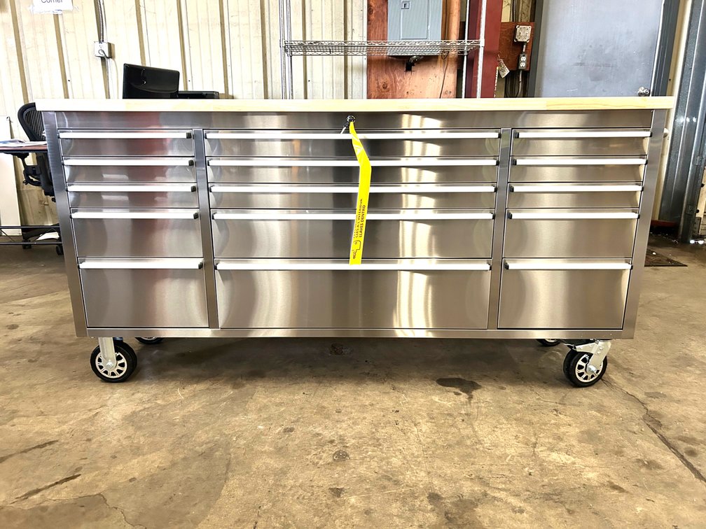 Unused 72in 15 Drawer Heavy Duty Mobile Work Bench w/ Wood Top