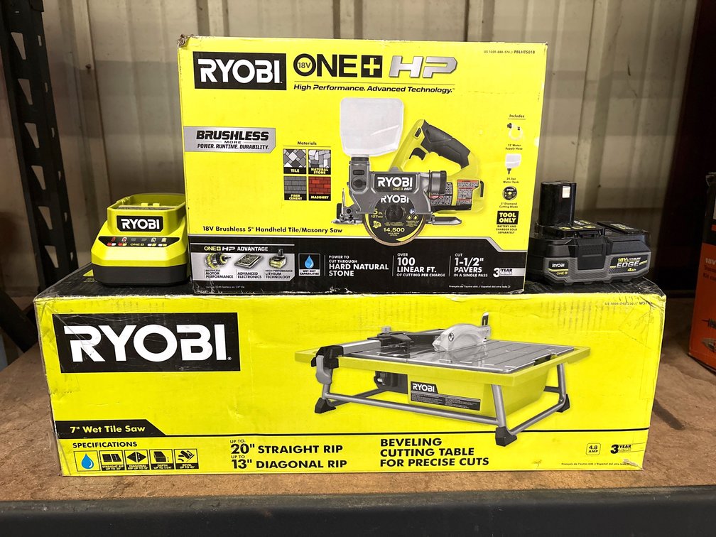 Ryobi 7in Wet Tile Saw w/ 18V 5in Handheld Tile Saw, includes Battery and Charger