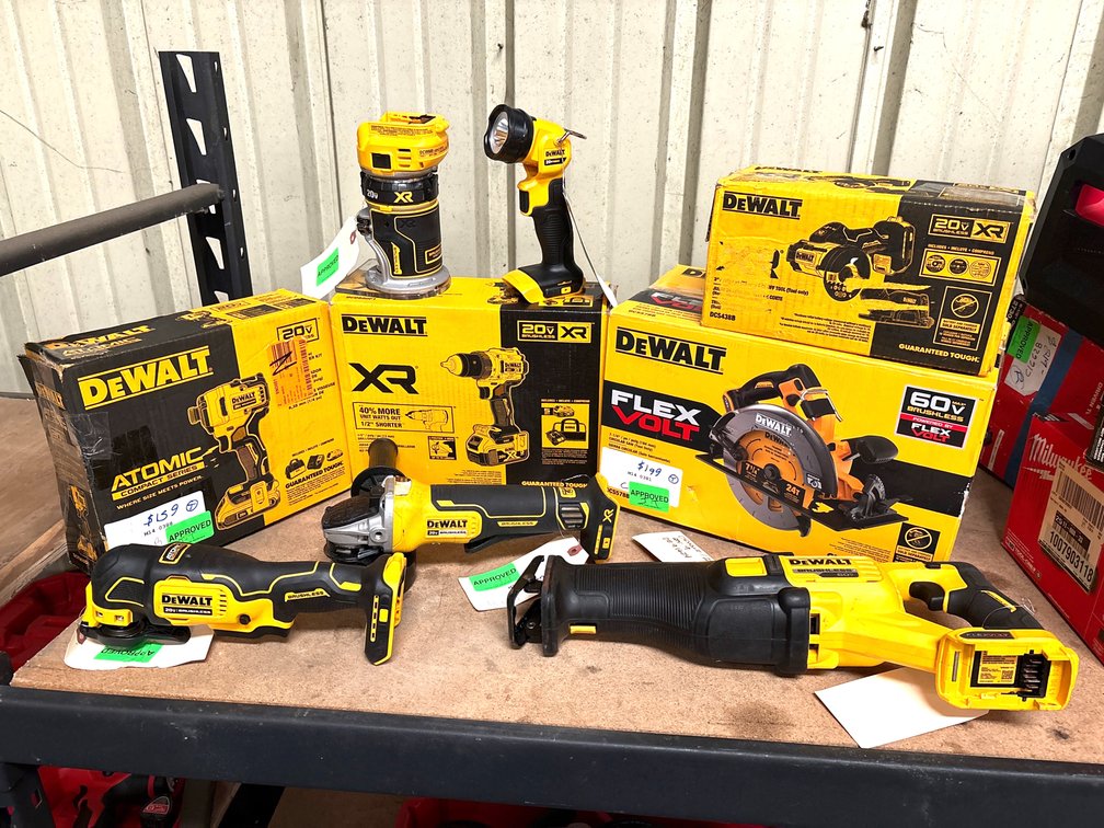Assorted DeWalt 60V/20V Power Tools, 9pcs, includes (2) 20V Batteries and Chargers, inv #de91624