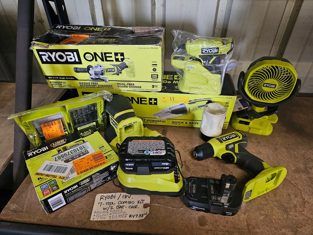 Ryobi 18V 7-Tool Combo Kit w/ (2) Batteries & Charger, inv#RY7384