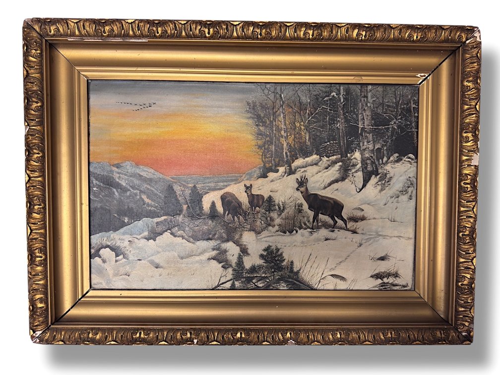 Early 20th Century - Oil on Canvas - Signed E. Schmalz - Deer at Dusk Winter Scene - 19.5”L x 27.5”W