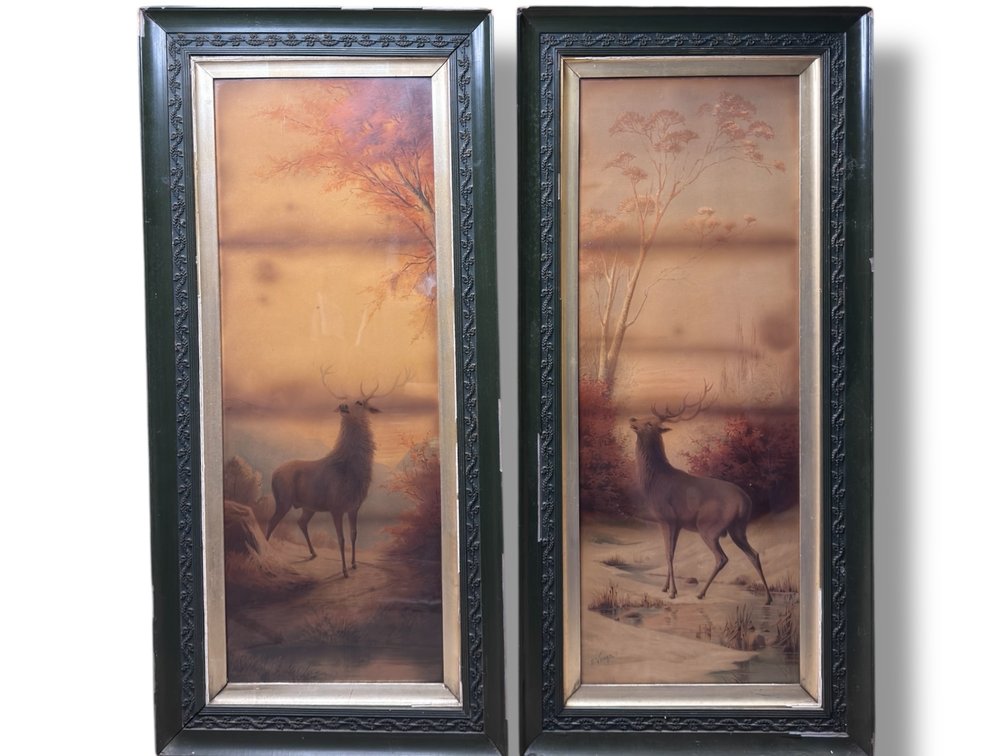 Late 19th Century Stag Lithographs (Pair) - Signed E. Vouga - Pair - 43”L x 19.5”W