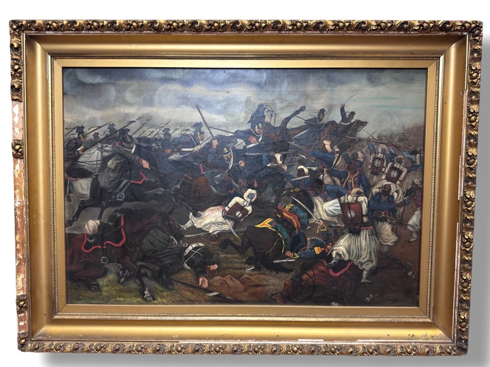 19th Century - Oil on Canvas - Signed “ES” Battle Painting -  26”L x 35.5”W