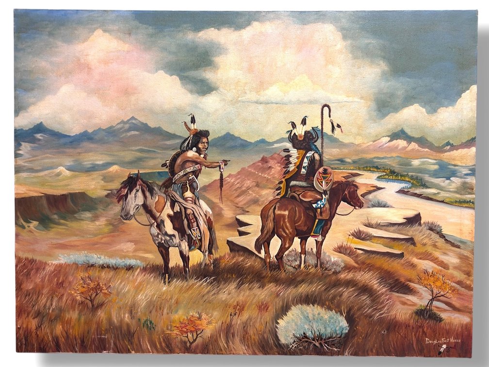 Douglas Fast Horse (Oglala Lakota, b. 1943) Original Signed - Oil on Canvas Native American Lakota on Horseback 30”L x 40”H