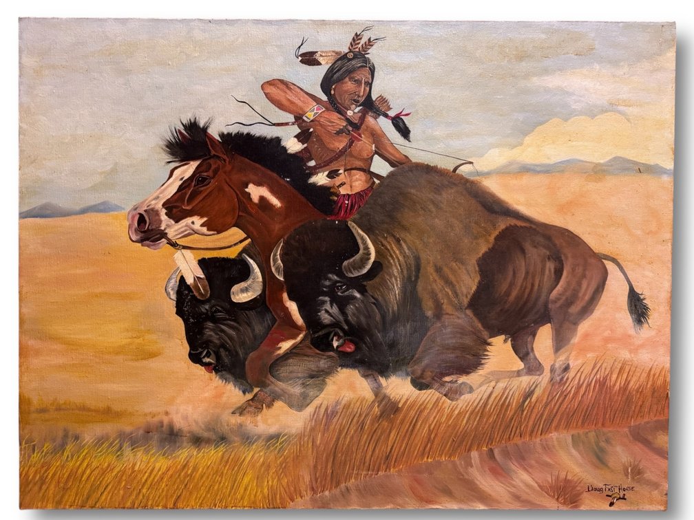 Douglas Fast Horse (Oglala Lakota, b. 1943) Original Signed - Oil on Canvas Native American Lakota Bison Hunt 30”L x 40”H
