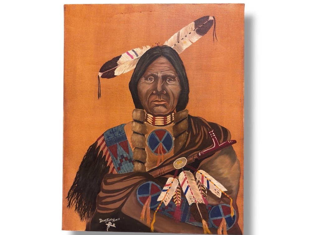 Douglas Fast Horse (Oglala Lakota, b. 1943) Original Signed - Oil on Canvas Native American Lakota Portrait  27.75”L x 22”W