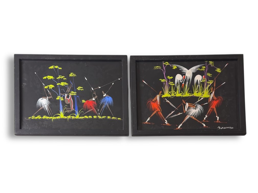 Mid-Century African Gouache Paintings (Pair) 10”L x 13.25”W