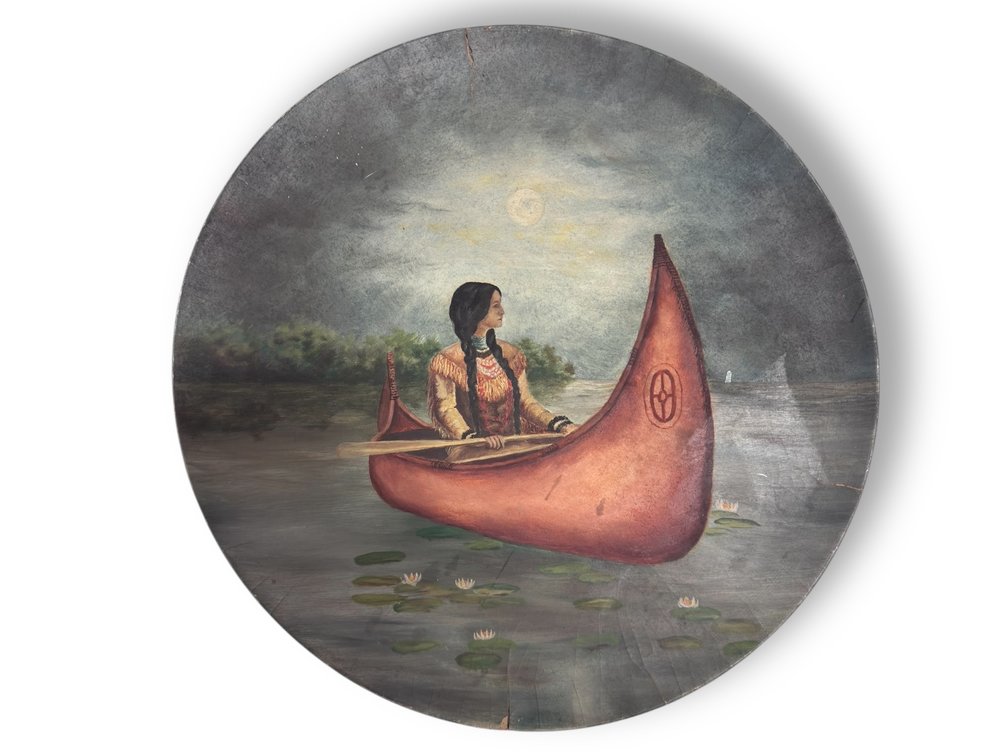 Native American Maiden in Canoe - Oil on Board - Unsigned  - 17.75”