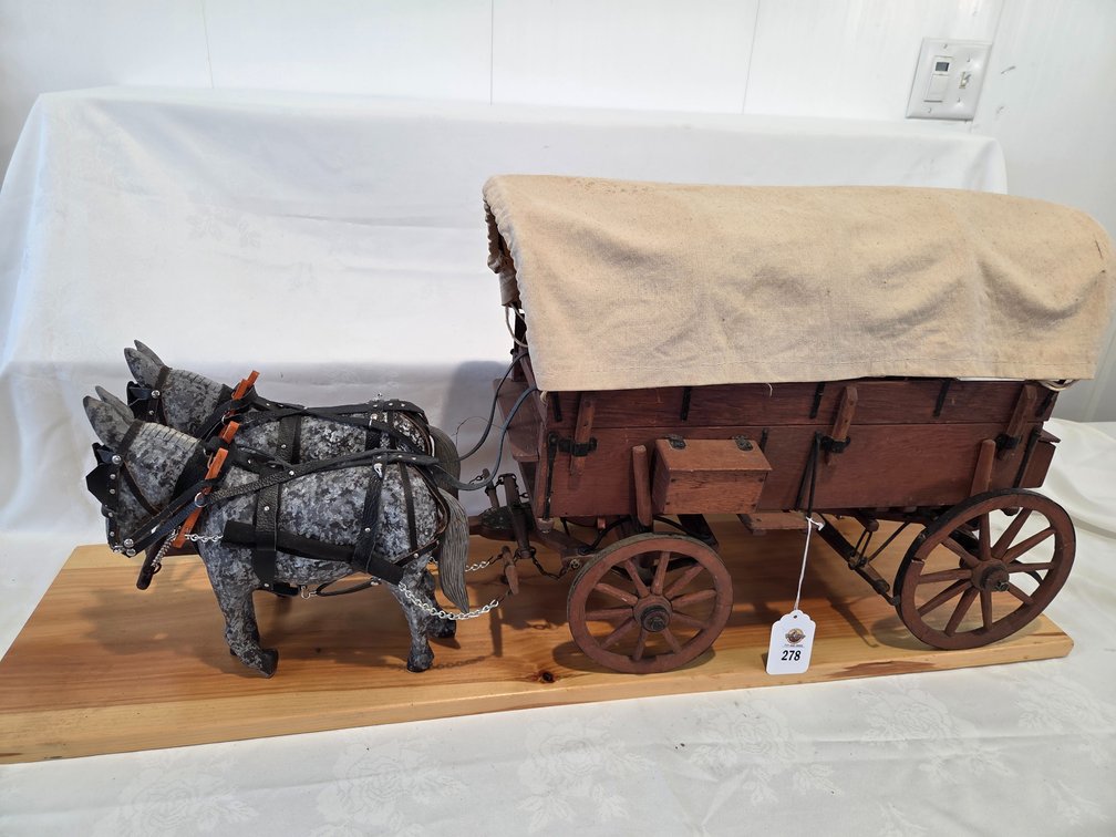 2-Hand Carved Wooden Mules by Tom Grassel w/Covered Wagon