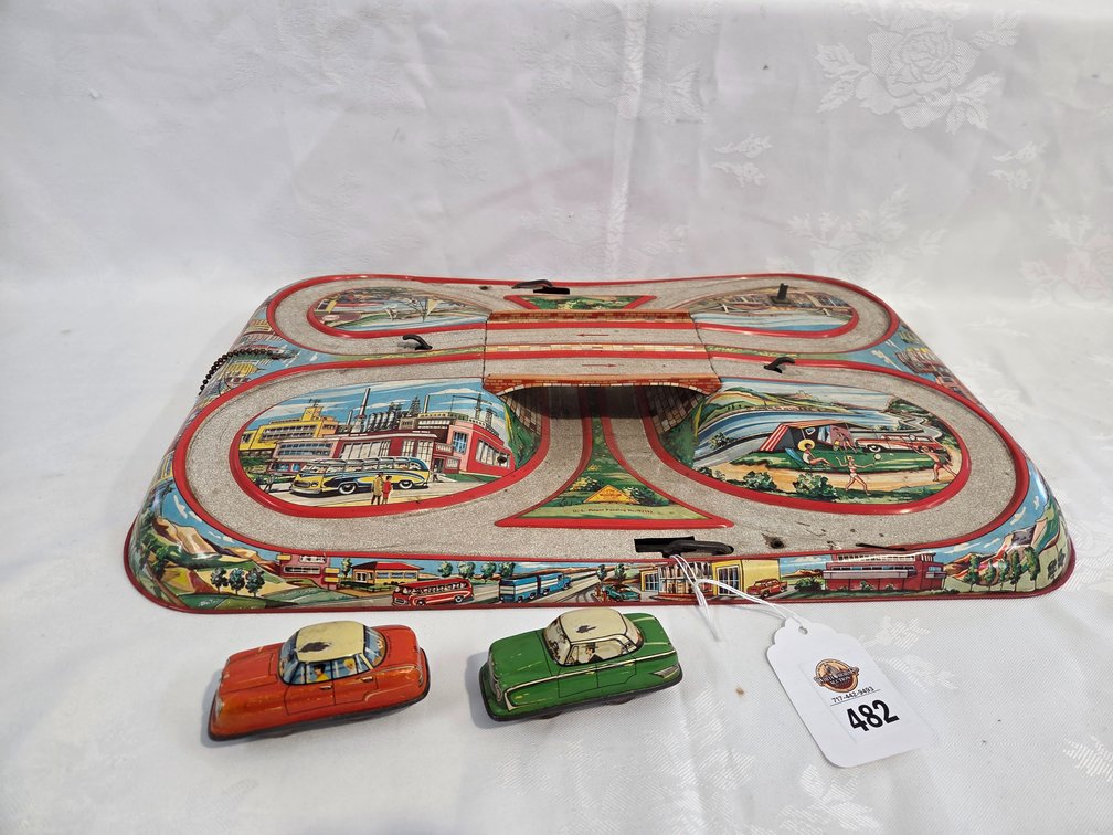 1960s Mechanical Hi-Way Win-Up Tin Toy w/2Cars