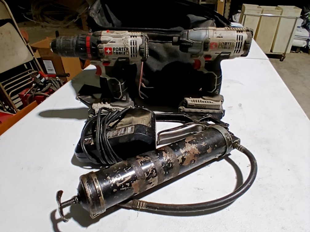 Porter Cable Battery Operated Drills, Tool Bag & Grease Gun