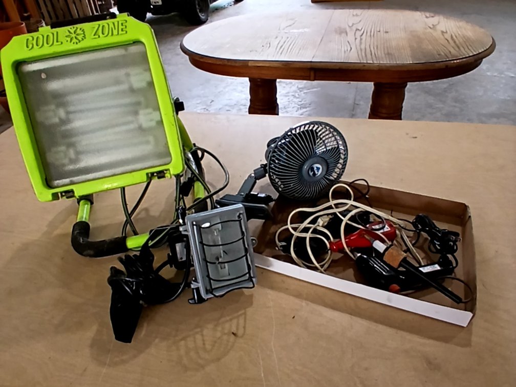 Large Green Light, Clamp on Light & Fan, Glue Guns, Wood Burner & Engraver