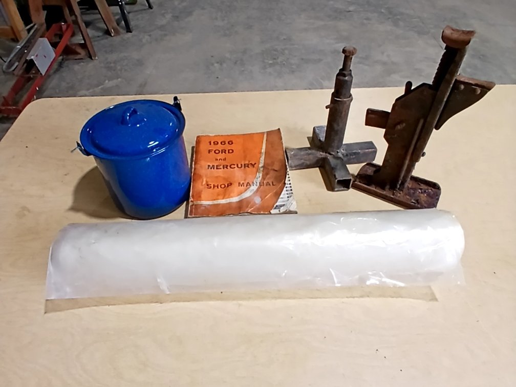 2 Jacks, Small Enamelware Pot, 1966 Ford & Mercury Shop Manual & Roll of Plastic Bags