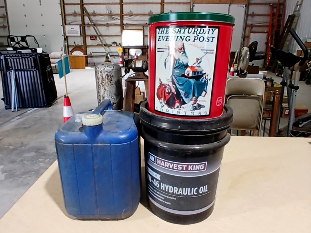 Blue 5 Gal Jug with Fuel, 5 Gal Pail & Popcorn Tin